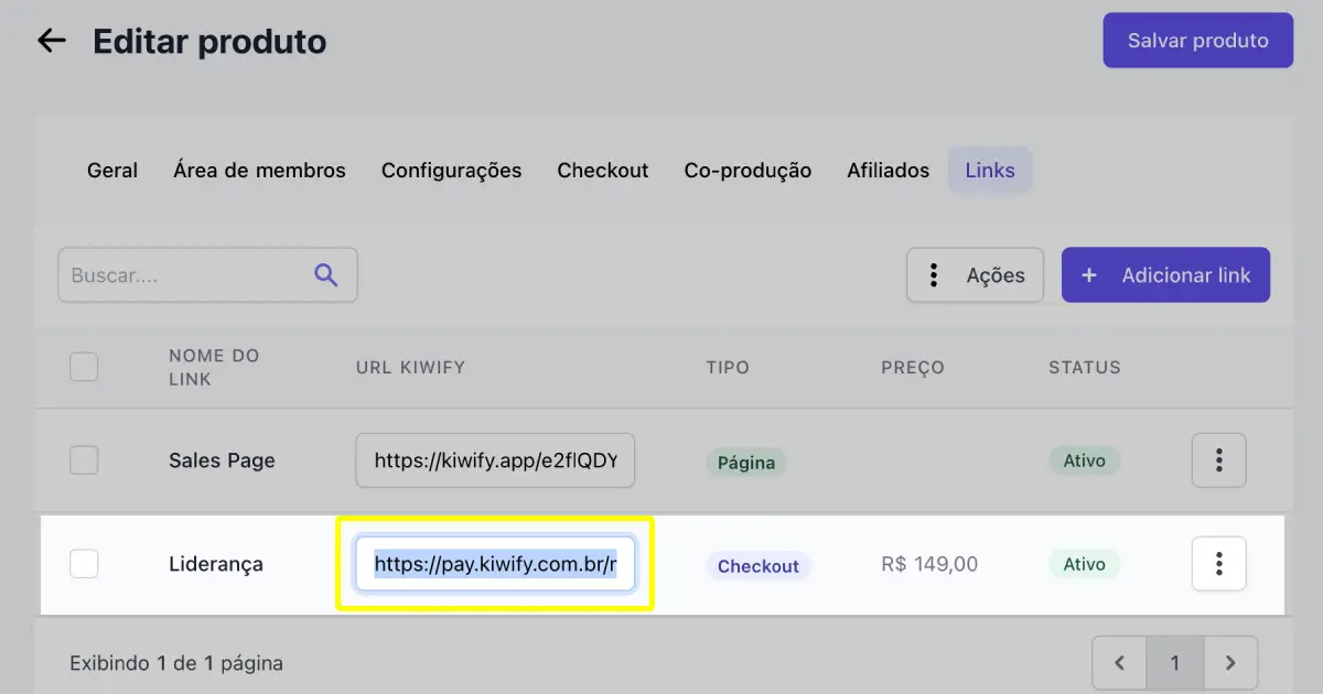 Tela mostrando links de página de vendas e checkout