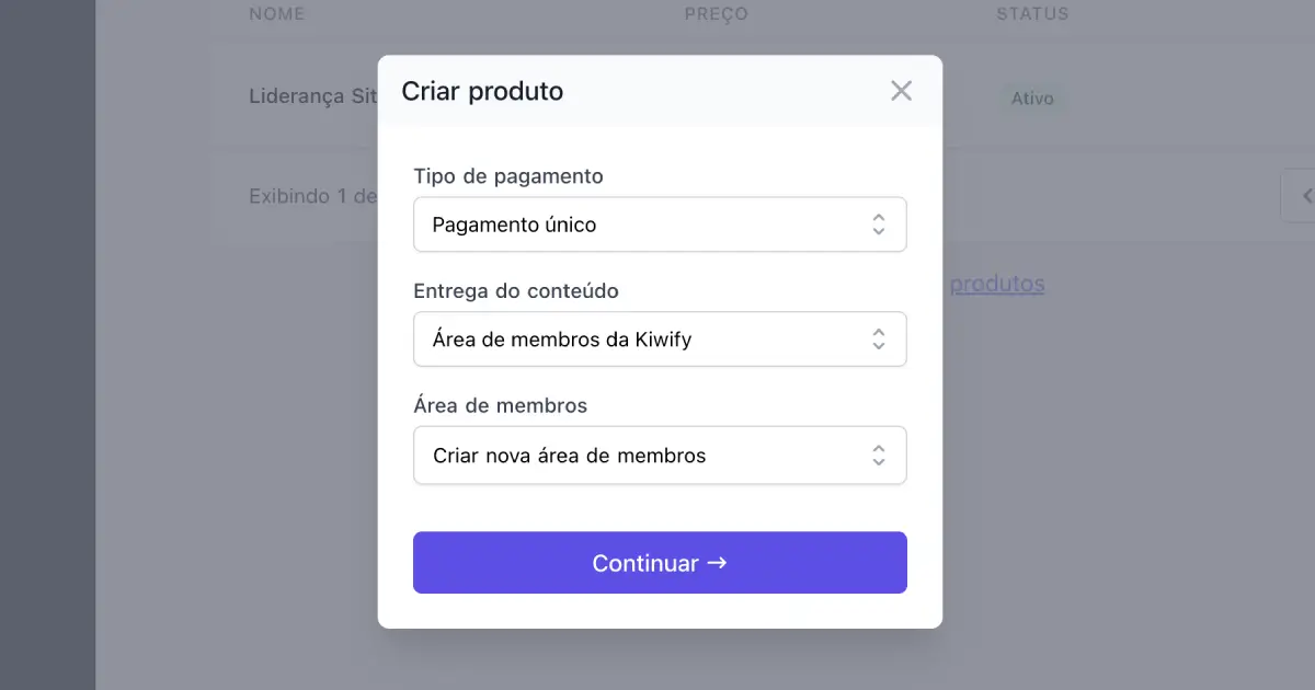 Tela de configuração inicial do produto na Kiwify