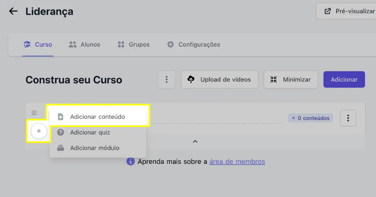Menu para adicionar conteúdo dentro de um módulo